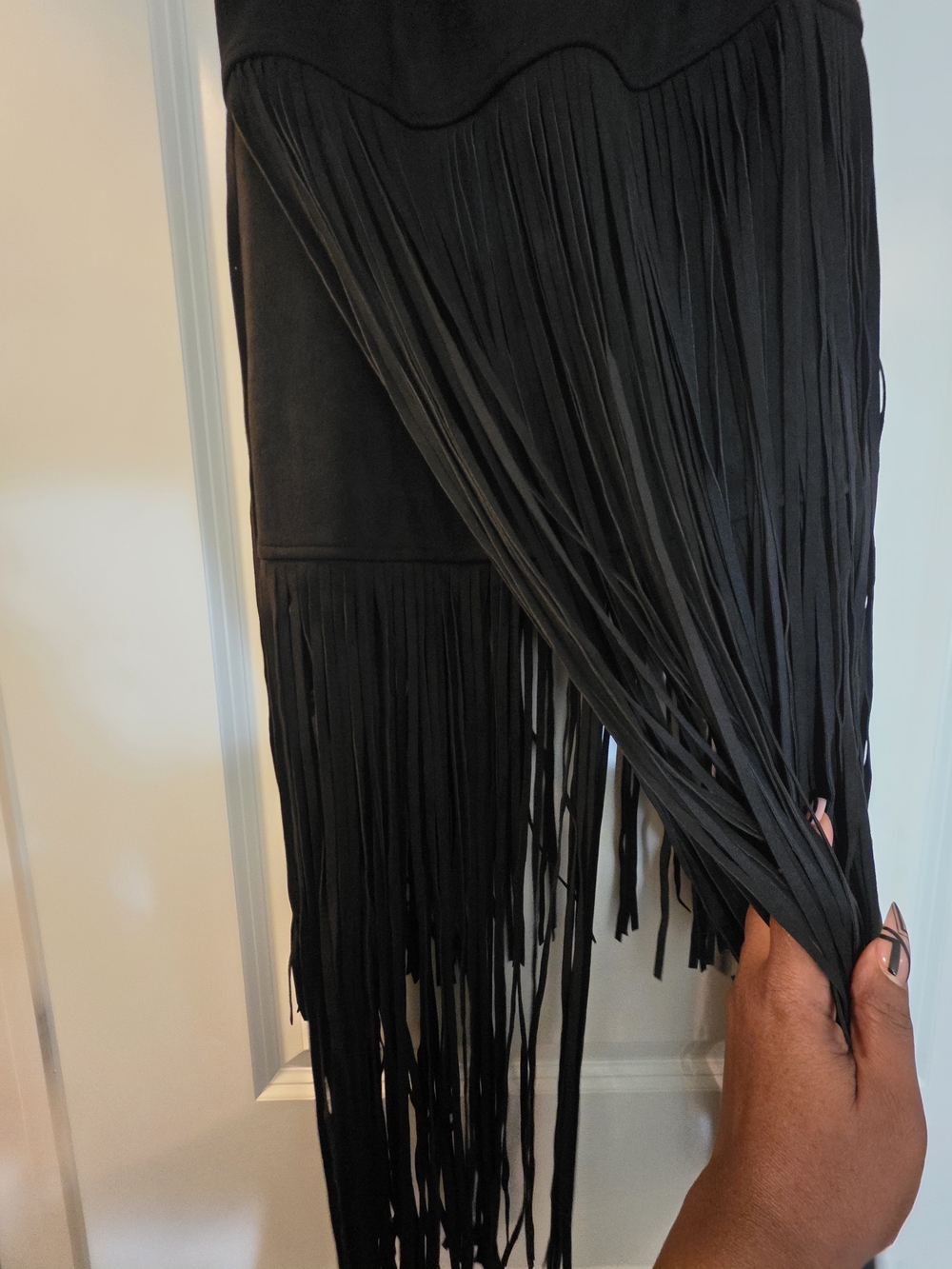 Black Suede Tiered Fringe Maxi Skirt - Picture 3 of 6
